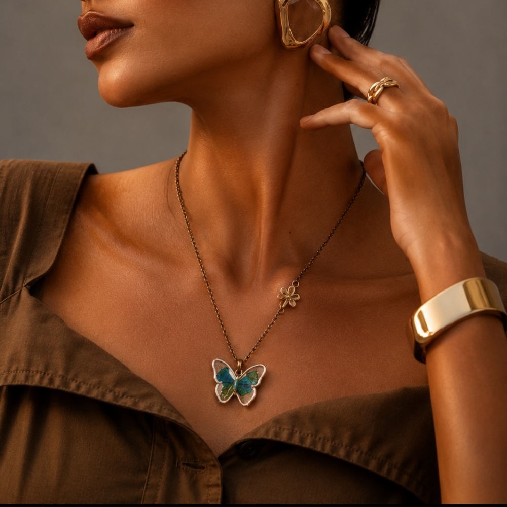 #340 - Gold-Tone Butterfly Pendant Necklace with Blue-Green Accents